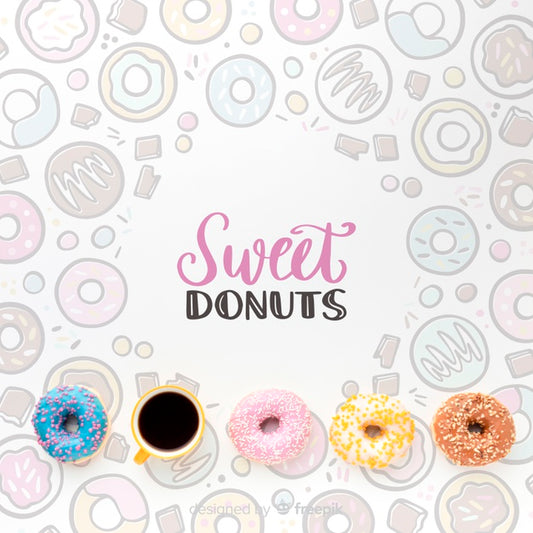 Free Mix Of Colorful Donuts And Coffee With Mock-Up Psd