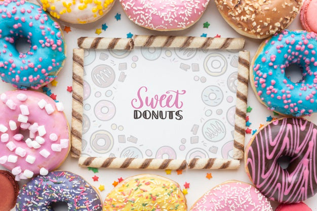 Free Mix Of Colorful Donuts And Wafer Sticks Frame Mock-Up Psd