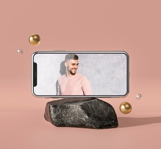 Free Mobile Phone 3D Mock-Up On Marble Rock Psd
