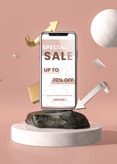 Free Mobile Phone 3D Mock-Up With Marble And Holder Psd