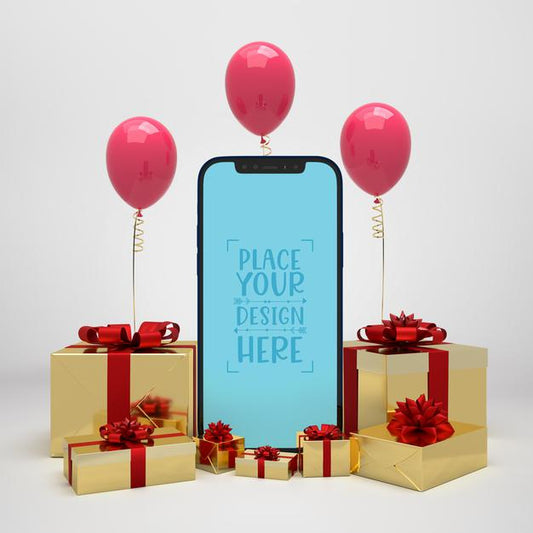 Free Mobile Phone Surrounded By Presents And Balloons Psd