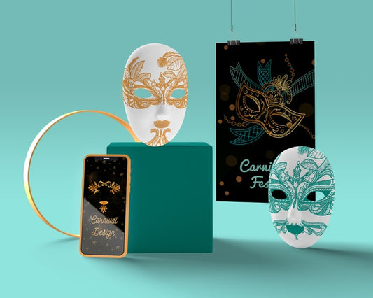 Free Mobile With Carnival Ad And Masks Psd