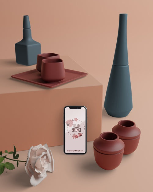 Free Mock-Up 3D Decorations With Phone On Table Psd