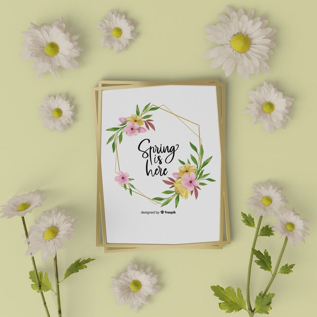 Free Mock-Up 3D Flowers On Table With Spring Card Psd