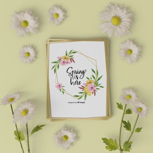 Free Mock-Up 3D Flowers On Table With Spring Card Psd