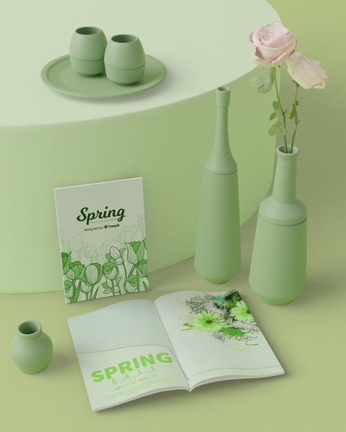 Free Mock-Up 3D Spring Decorations On Table Psd