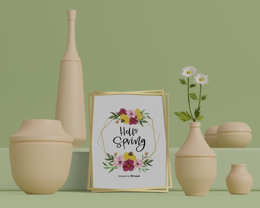 Free Mock-Up 3D Vases For Flowers On Table Psd