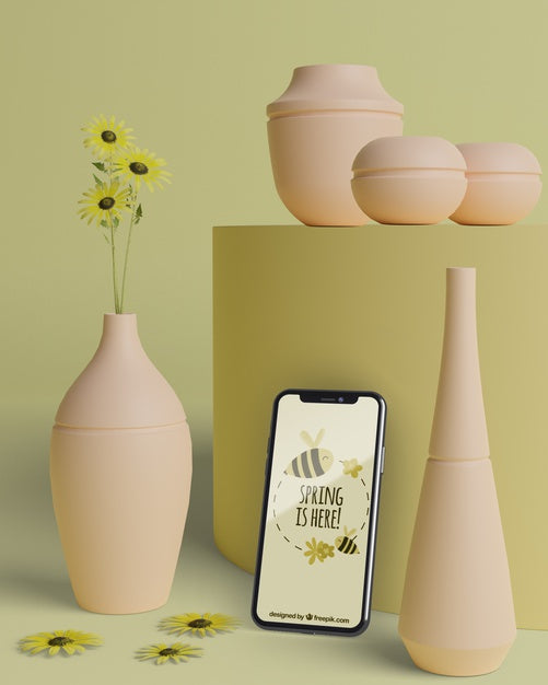 Free Mock-Up 3D Vases For Flowers With Mobile Device Psd