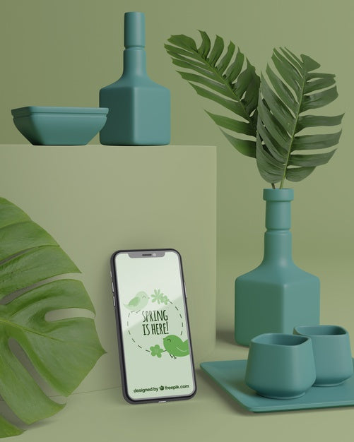 Free Mock-Up 3D Vases For Flowers With Mobile Psd