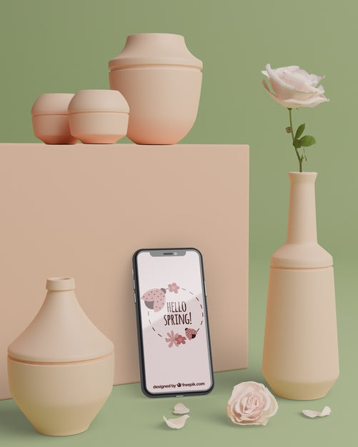 Free Mock-Up 3D Vases For Flowers With Phone Psd