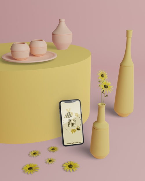 Free Mock-Up 3D Vases With Phone On Table Psd