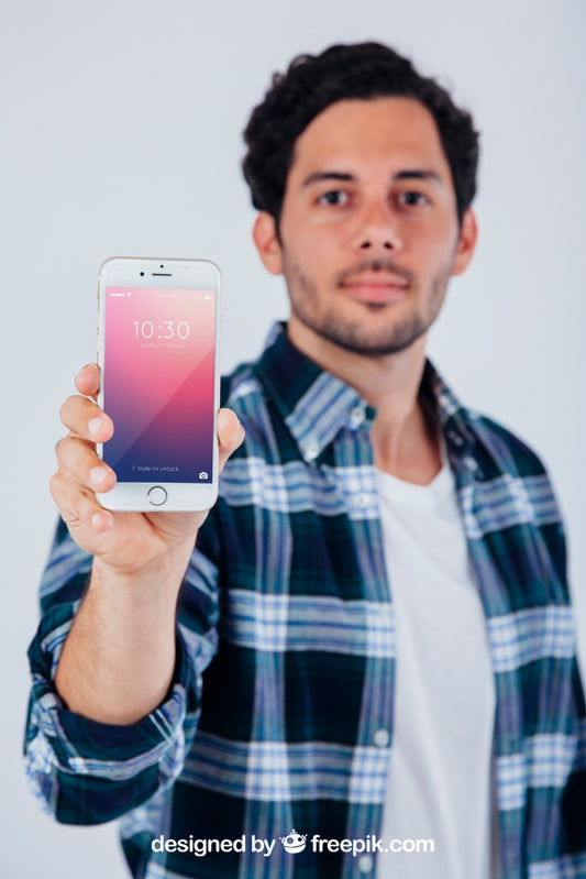 Free Mock Up Design Of Young Guy With Smartphone Psd