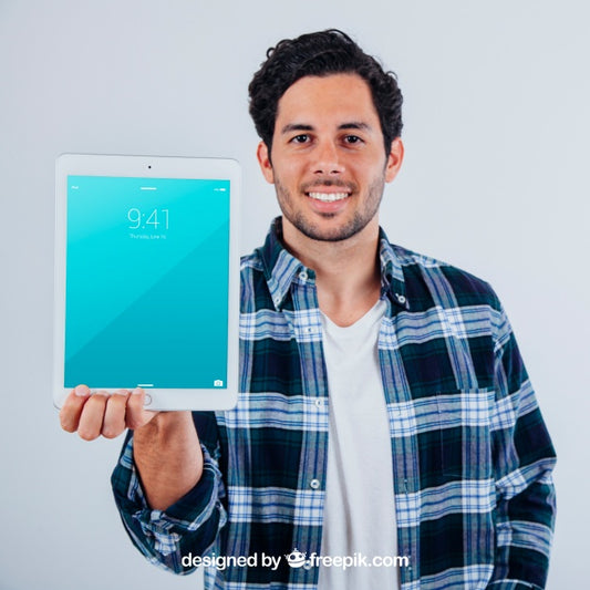 Free Mock Up Design Of Young Guy With Tablet Psd