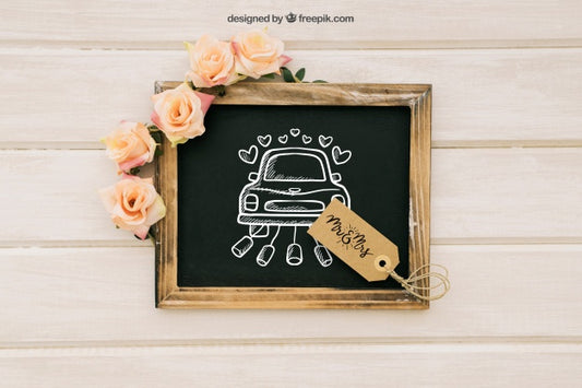 Free Mock Up Design With Floral Ornaments On Blackboard And Label Psd