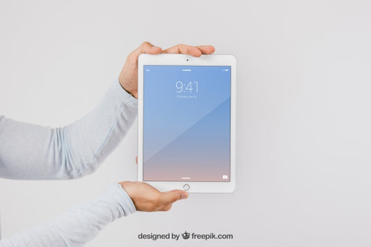 Free Mock Up Design With Hands And Tablet Psd