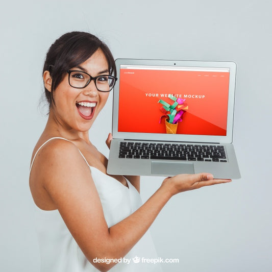Free Mock Up Design With Laughing Woman And Laptop Psd