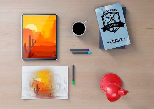 Free Mock-Up Desk With Artistic Draw Psd