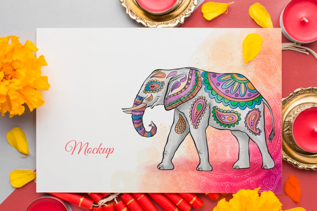 Free Mock-Up Diwali Hindu Festival Elephant And Flowers Psd