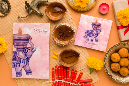Free Mock-Up Diwali Hindu Festival Watercolour Elehpant Arrangement Psd