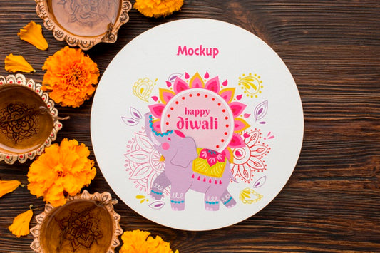 Free Mock-Up Diwali Hindu Festival With Drawn Elephant On Plate Psd