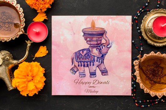 Free Mock-Up Diwali Hindu Festival With Watercolour Elehpant On Squared Paper Psd
