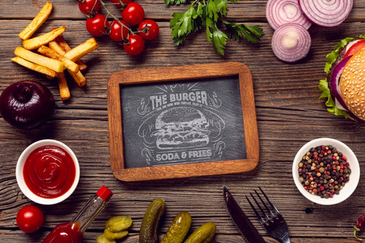 Free Mock-Up Frame Surrounded By Burger And Ingredients Wooden Background Psd