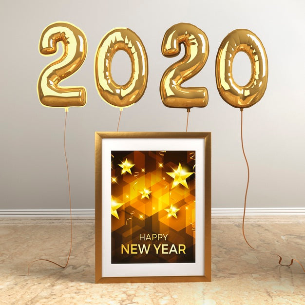 Free Mock-Up Frame With Golden Balloons For New Year Psd