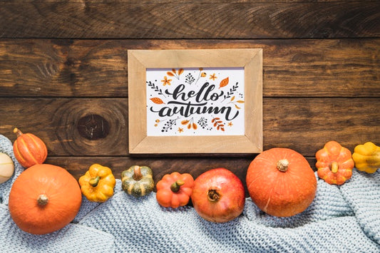 Free Mock-Up Frame With Hello Autumn Quote And Pumpkins Psd