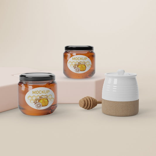 Free Mock-Up Jars On Table With Honey Psd