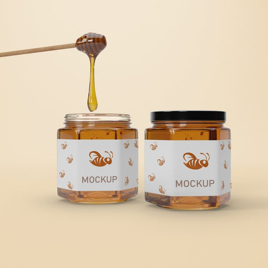 Free Mock-Up Jars With Honey On Table Psd