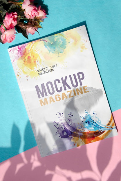 Free Mock Up Magazine Next To A Bouquet Of Roses Psd