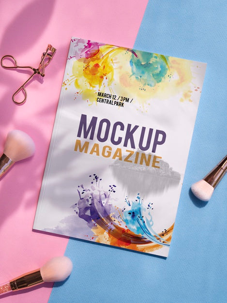 Free Mock Up Magazine Next To Makeup Brushes Psd
