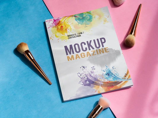 Free Mock Up Magazine Next To Makeup Brushes Psd