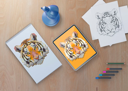 Free Mock-Up Notebook And Tablet With Tiger Draw Psd
