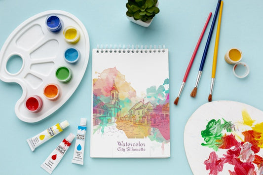 Free Mock-Up Notebook With Watercolors Psd