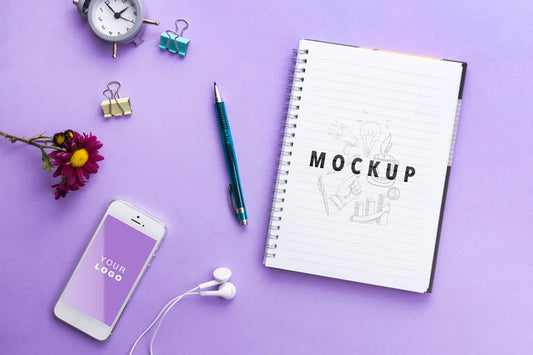 Free Mock-Up Notebool And Clock On Table Psd