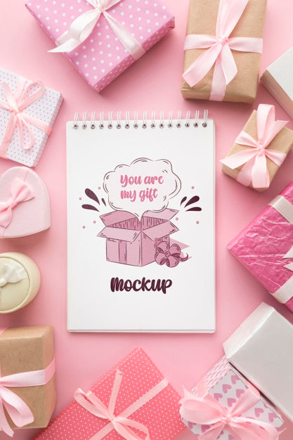 Free Mock-Up Notepad Surrounded By Gift Boxes Psd