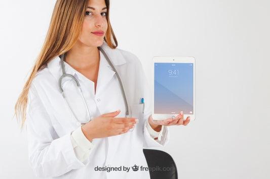 Free Mock Up Of Doctor Showing A Tablet Psd