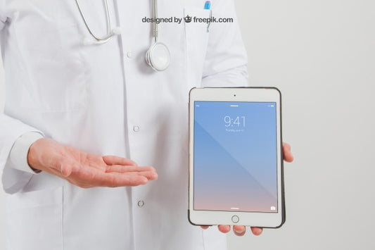 Free Mock Up Of Tablet On Doctor'S Hands Psd