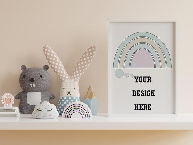 Free Mock Up Poster In Child Room Interior, Poster On Empty Cream Wall, 3D Rendering Psd
