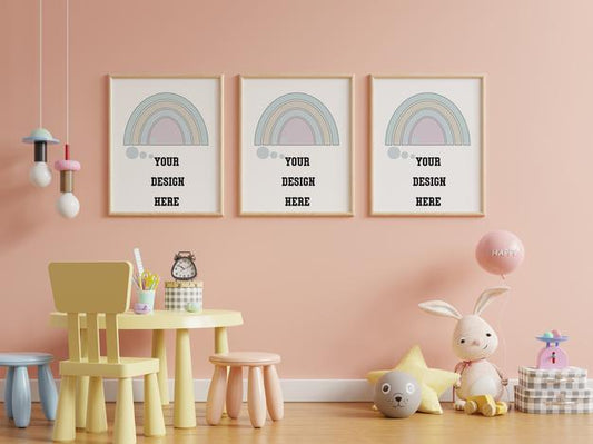 Free Mock Up Posters In Child Room Interior, Posters On Empty Pink Color Wall Background,3D Rendering Psd