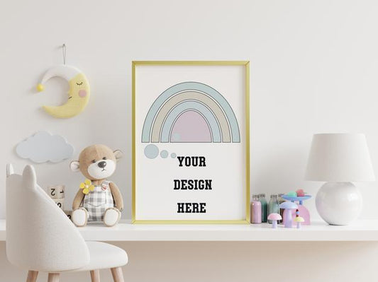 Free Mock Up Posters In Child Room Interior, Posters On Empty White Wall Background,3D Rendering Psd