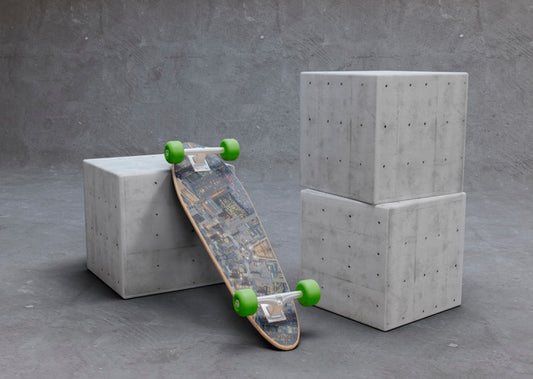 Free Mock-Up Skateboard Upside Down Laying On Cube Psd