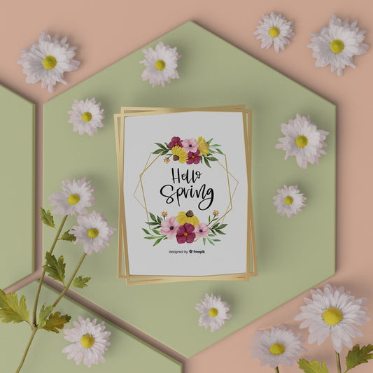 Free Mock-Up Spring Card On Table With 3D Flowers Psd