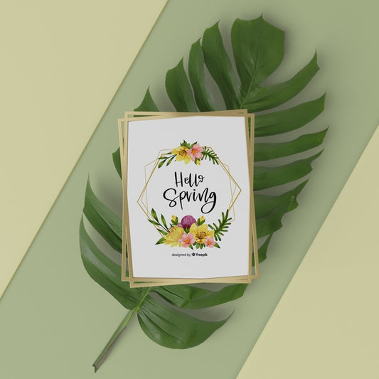 Free Mock-Up Spring Card On Top Of 3D Leaf Psd