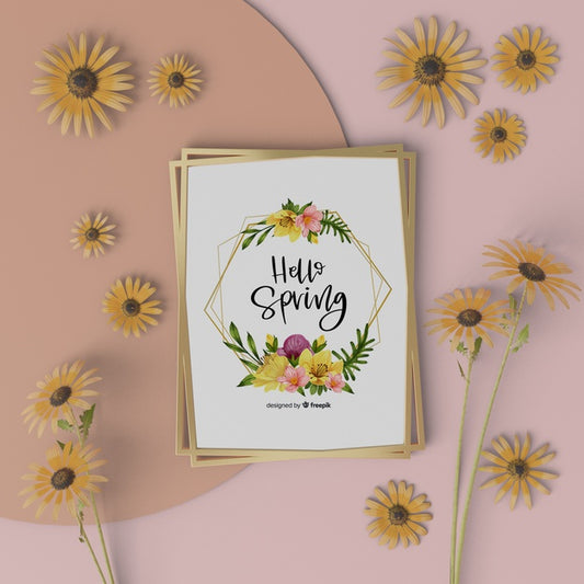 Free Mock-Up Spring Card With 3D Flowers Psd
