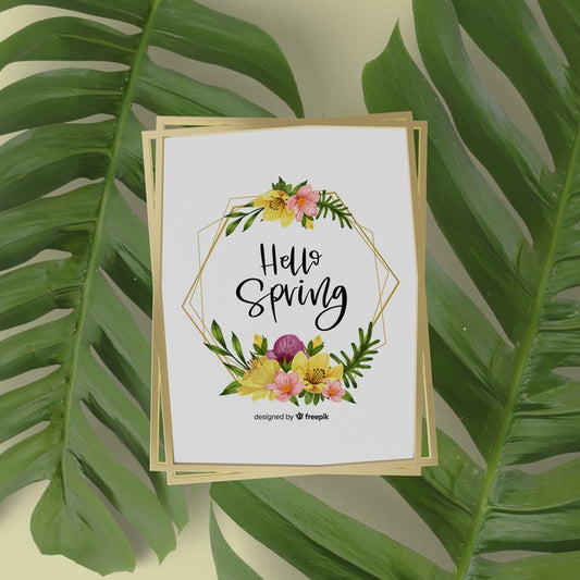 Free Mock-Up Spring Card With 3D Leaves Around Psd