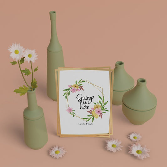 Free Mock-Up Spring Card With Vases Frame Psd