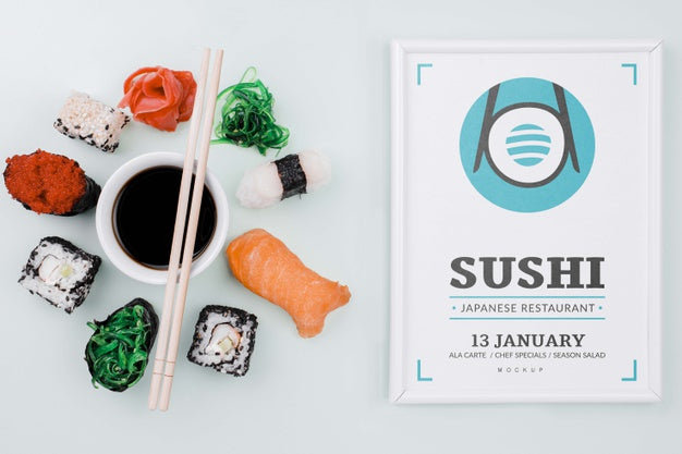 Free Mock-Up Sushi Rolls With Soya Sauce And Frame Psd