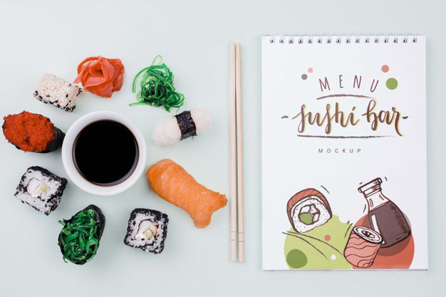 Free Mock-Up Sushi Rolls With Soya Sauce And Notebook Psd